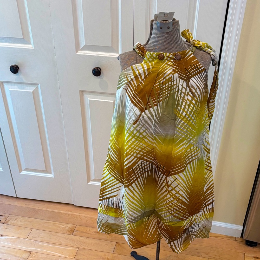 Eliza J New York  silk pleated tropical safari green and brown tank style Dress